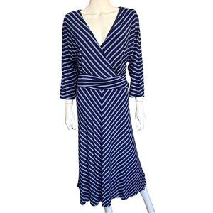 Lauren Ralph Lauren Dress Womens 16 Navy Periwinkle Striped Faux Wrap